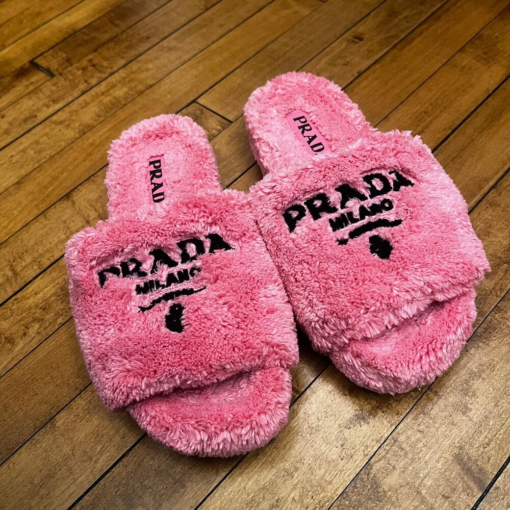 Prada Authentic Logo-embroidered Faux Shearling Slides pink sz 36 - US 6 $980